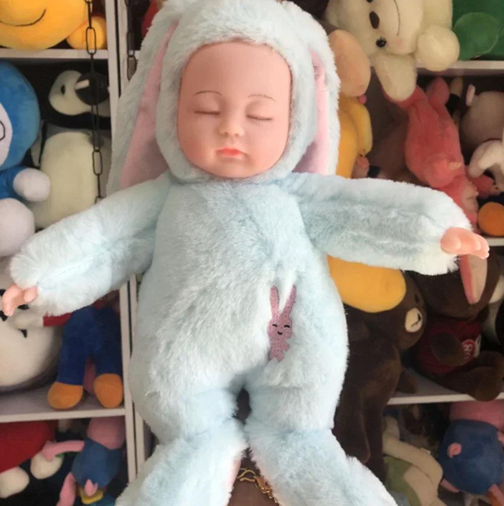 Soft Body Baby Doll Cute Sleeping Baby Dolls with Bunny Clothes Stuffed Toy Rabbit Animated Plush Plushie Birthday Gift for Kids