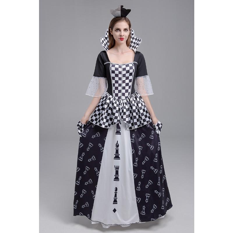 New Halloween Costume, Masquerade, Poison Queen, Black and White Clown Dress Costume
