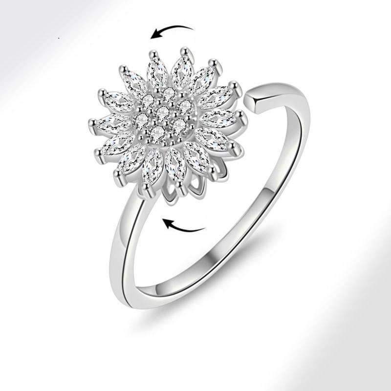 Mote Fidget Spinner Ring Angst for Kvinner Flere Krystall Solsikke Fingerringer Roter Anti Stress Zirkon Bryllupsgave