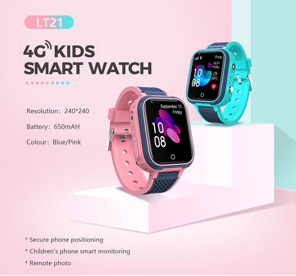 LT21 4G Wodoodporny smartwatch dla dzieci z aparatem, połączeniami wideo, śledzeniem GPS i funkcjami zapobiegającymi zgubieniu.