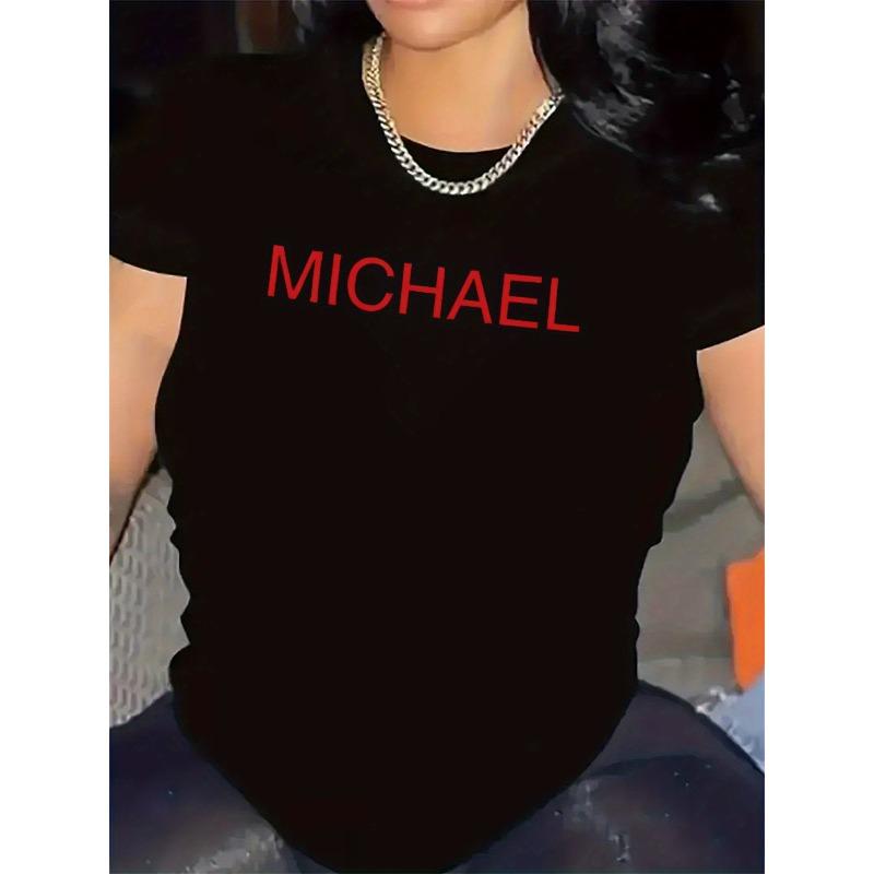 Taglie Europee T-shirt Grafica da Donna "MICHAEL" - Bianca Casual Girocollo con Scritta Rossa Audace Design Comodo e Resistente