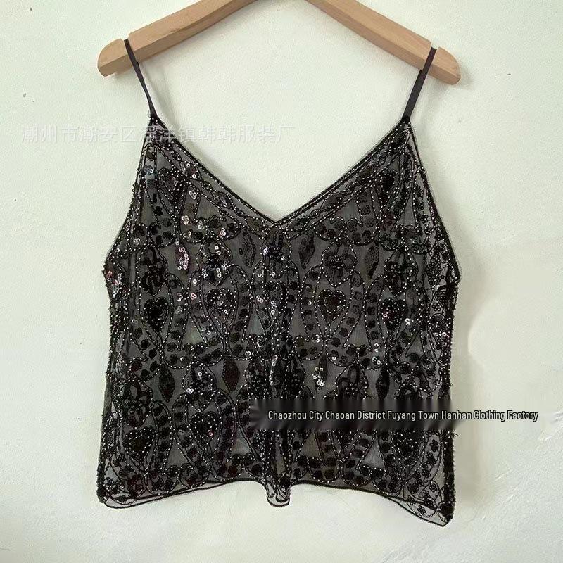 Niche Summer Women's Sequin Beaded Slimming V-Neck Camisole Vest - Elegant and Sexy Style