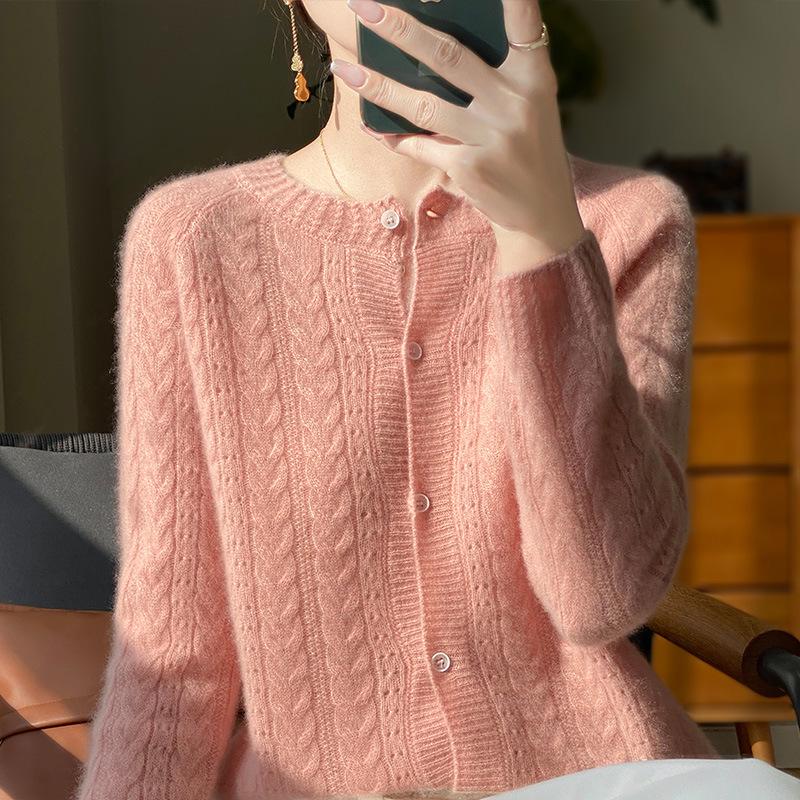 Cardigan tricotat cablu ajurat din lână 100% pentru femei - Croială lejeră pentru toamnă/iarnă