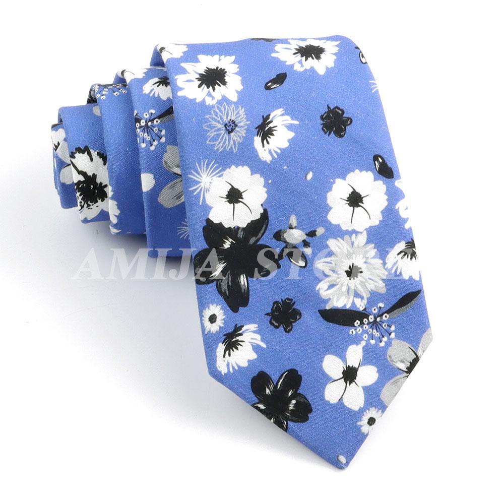 New Cotton Floral Tie For Men Women Soft Gentle Elegant Flower Necktie White Blue Yellow Narrow Skinny Wedding Party Accessories