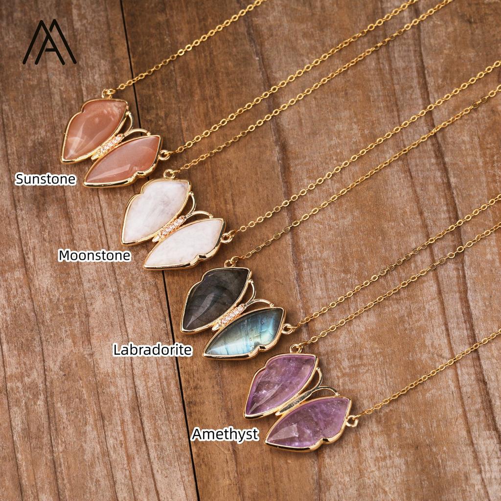 Elegant Gold-Plated Crystal Butterfly Necklace Exquisite Women's Jewelry for Parties Weddings Featuring Moonstone Labradorite
