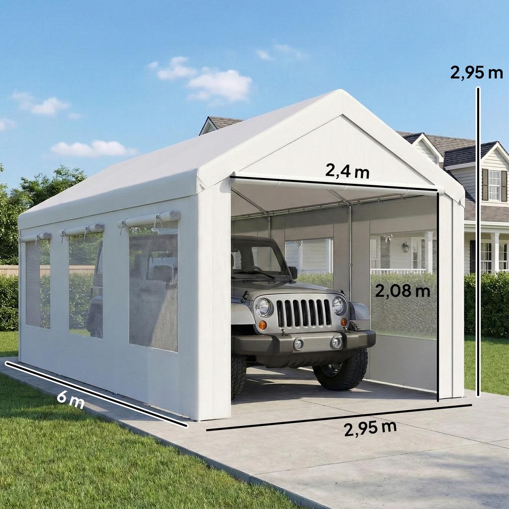 Car Shelter Tent Garage UV30+ Protection Adjustable Height 6 Windows And Mosquito Net 3x6m White