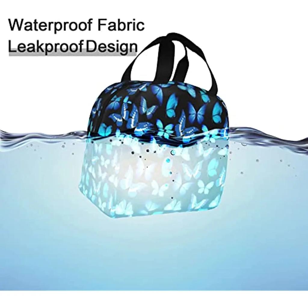 Insulated Lunch Bag Box for Women with Blue Butterfly Print Cute Lunch Cooler Thermal Waterproof Reusable Tote Bag with Pocket