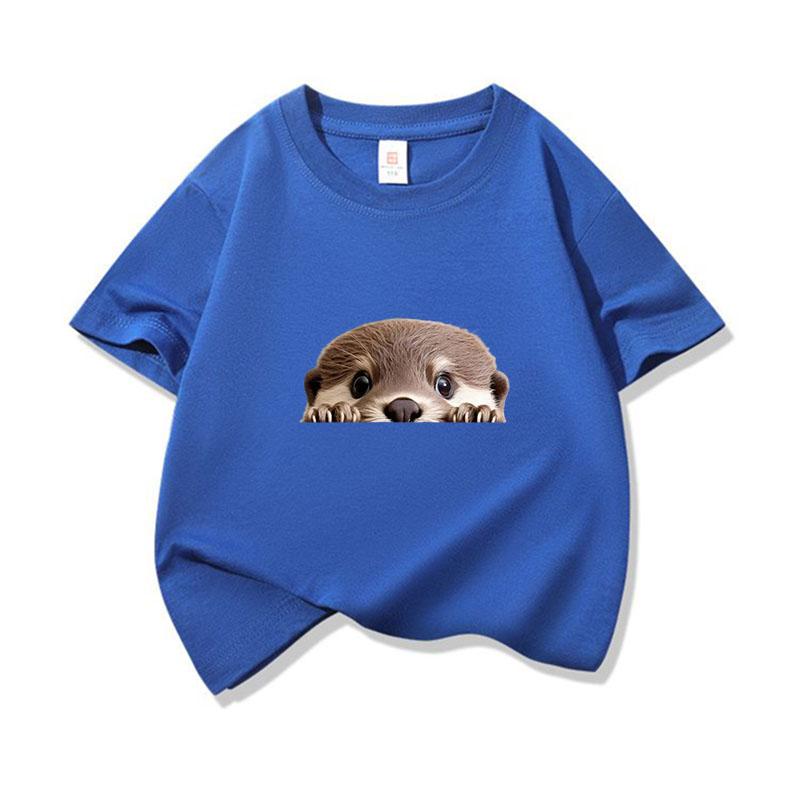 Kinder Baumwoll-T-Shirt Niedlicher Peekender Otter Aufdruck Rundhalsausschnitt Kurzarm T-Shirt Lässig Atmungsaktiv Jungen Mädchen Sommer Oberteile