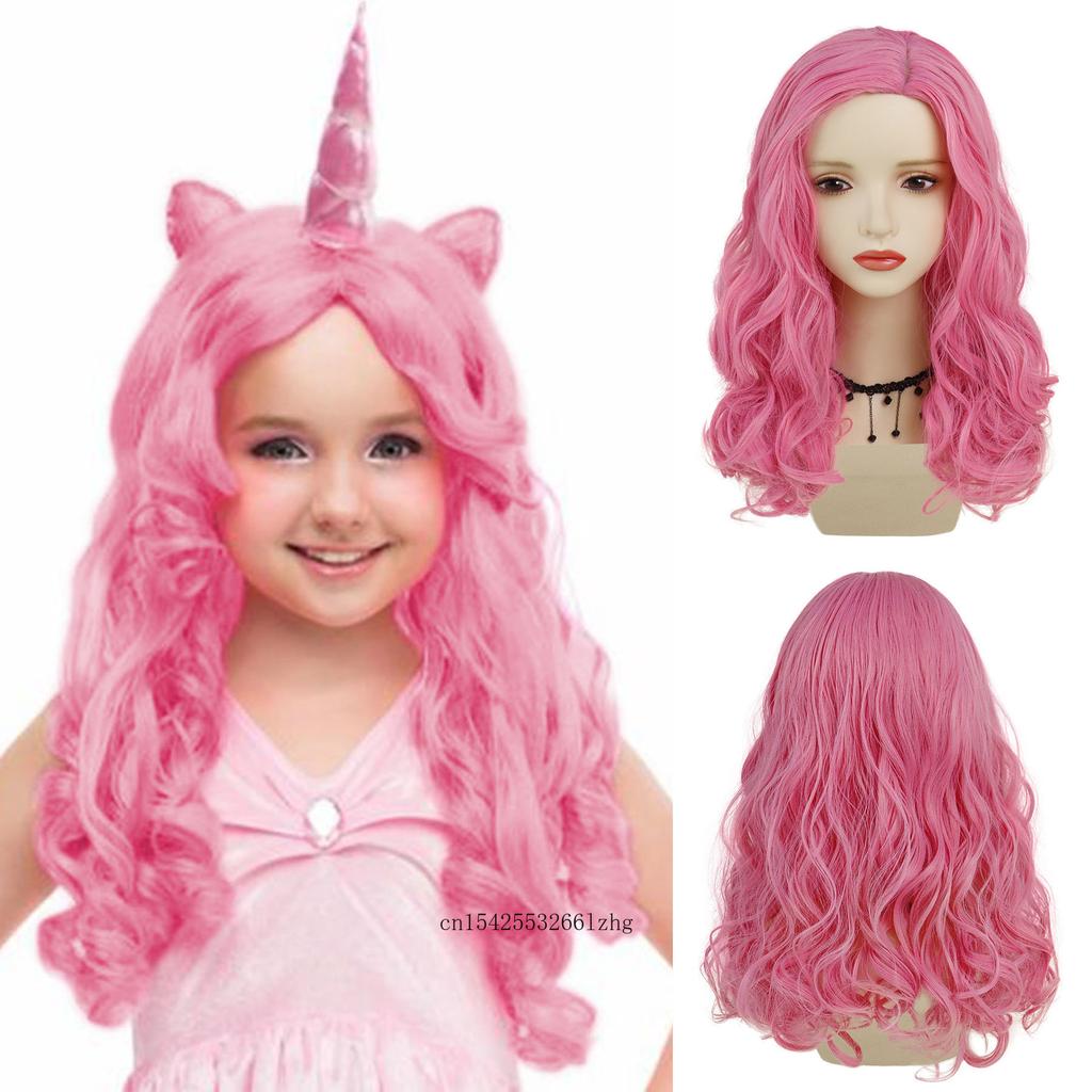 Pink Wigs for Women Synthetic Hair Long Curly Wig with Side Bangs Anime Cosplay Party Halloween Red Costume From Heat Resistant