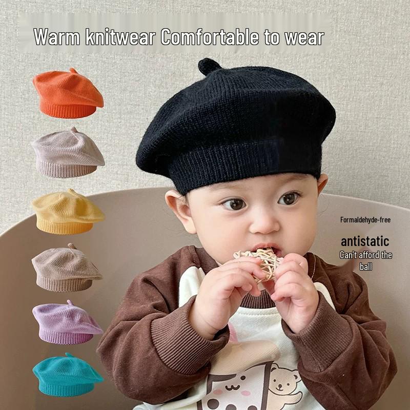 Unisex Baby Knitted Wool Beret - Spring/Autumn Style, Warm, Solid Color, Trendy Children's Painter Hat
