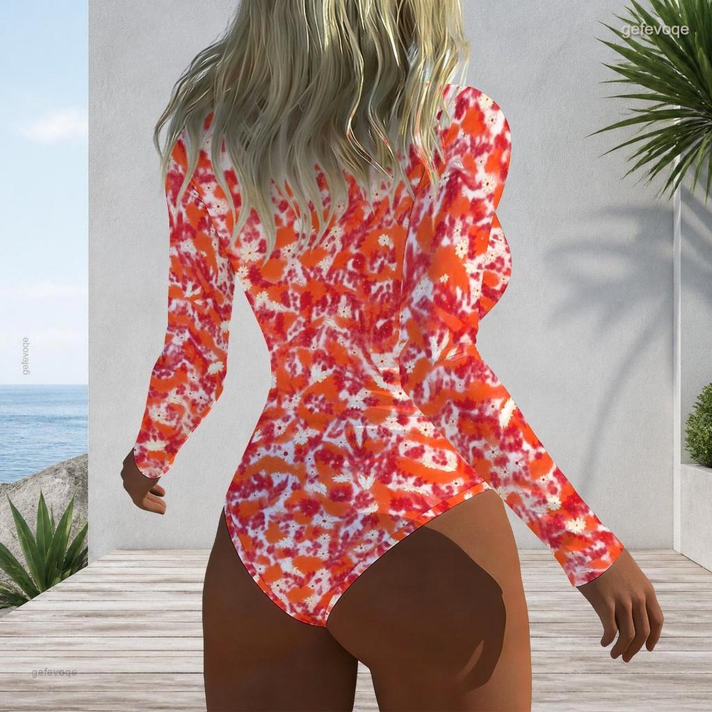 Women Plus Size High Neck Long Sleeve Front Zipper Floral Print One Piece Swimsuit