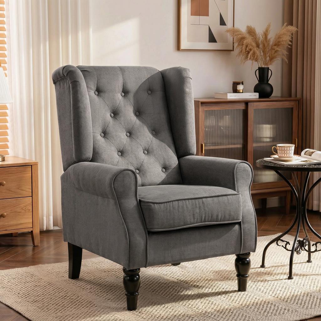 Lounge Chair, Mid-Century Velvet Accent Chair, High Tufted Wingback, Grey