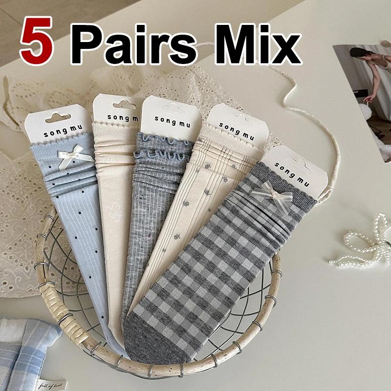 

5 Pairs Women Floral Edge Bow Mid Tube Socks Summer Thin Breathable Fashionable College Style Sweet JK Lolita Casual Socks One Size