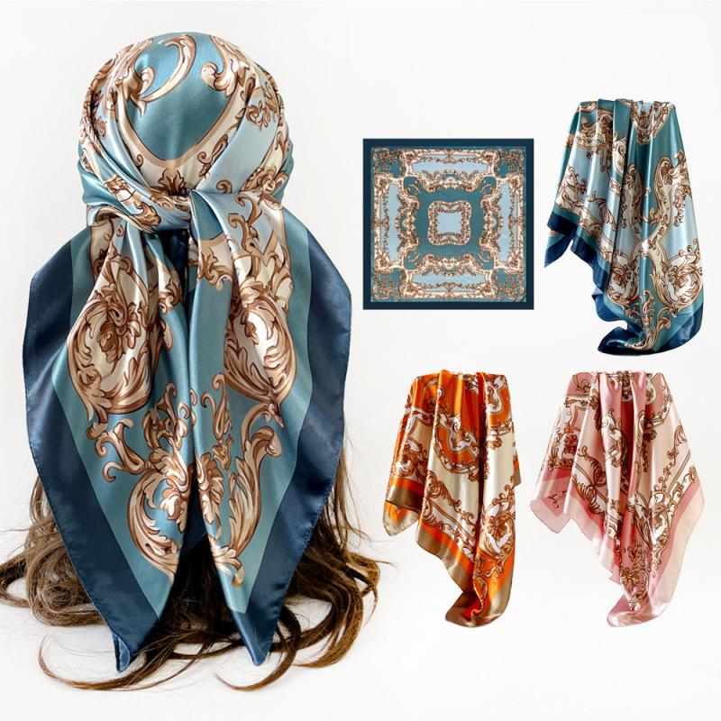 Artificial Silk Headscarf Satin Square Scarf 90cm Headscarf Women's Printing Silk Scarf Trendyeasiest for Match Shawl