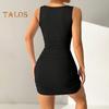 Women Mini Dress Pleated Sleeveless Sheath Dress Slim Fit Square Neck Thread Pure Color Elastic Vest Dress for Club Beach Parties