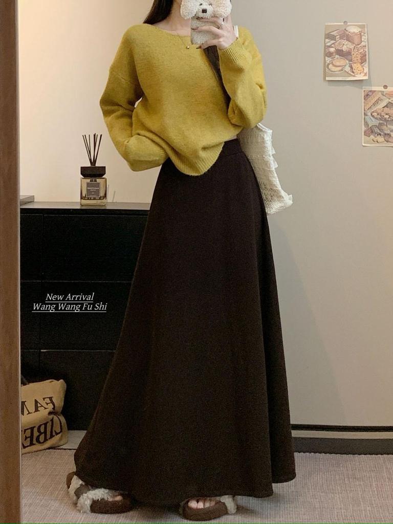 Korean Style High Waist Wool Midi Skirt - A-Line, Solid Color, Chic Slimming Skirt for Women, Autumn/Winter.