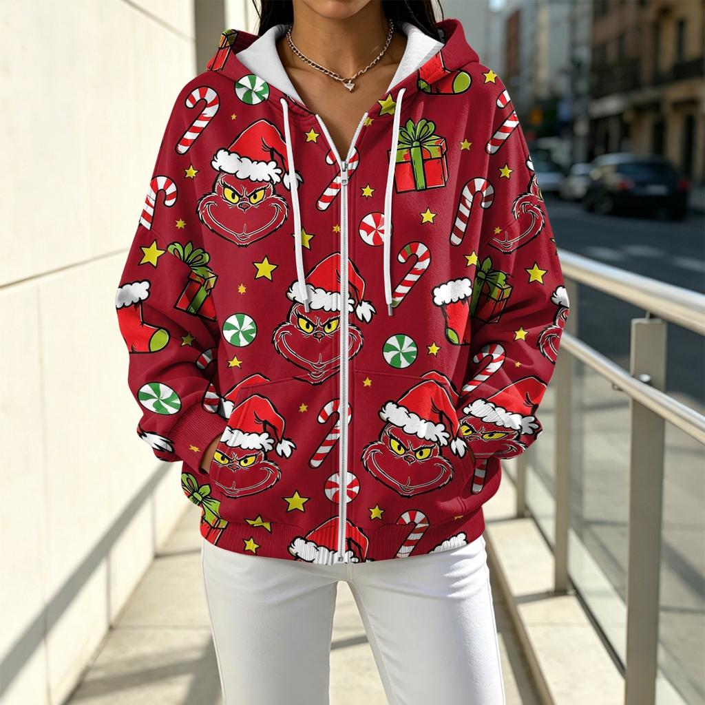 Women's Casual Loose Fit Printed -Lined Hooded Zip-Up Cardigan