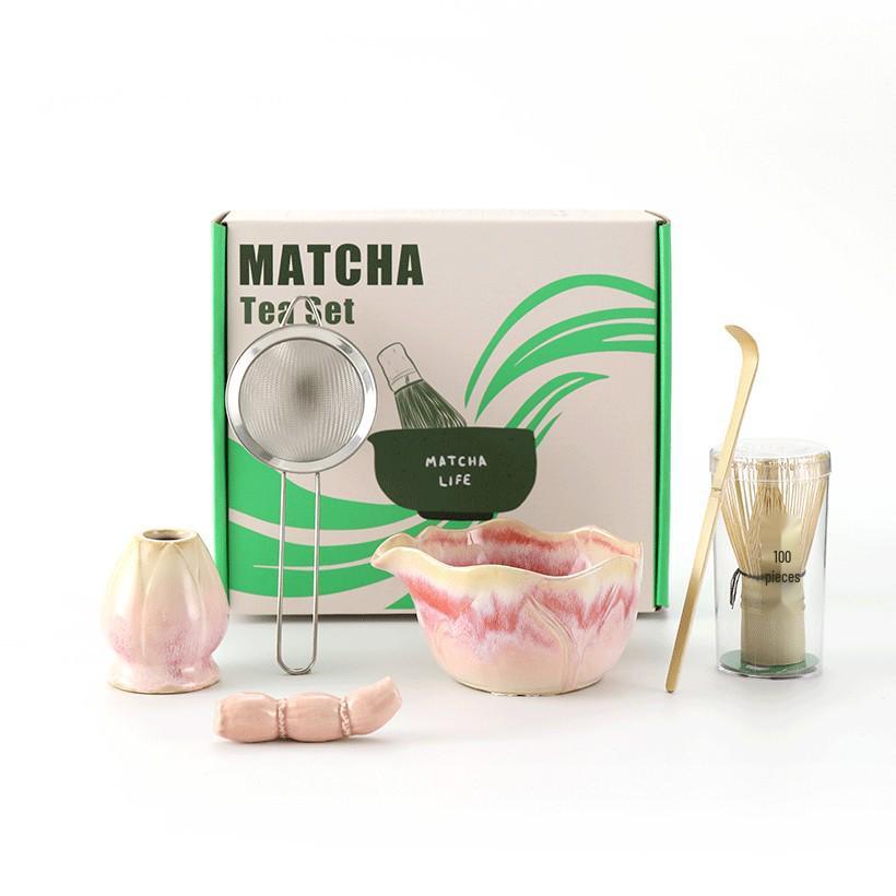 Ceramic Japanese Matcha Tea Set with Whisk, Holder, and Brush