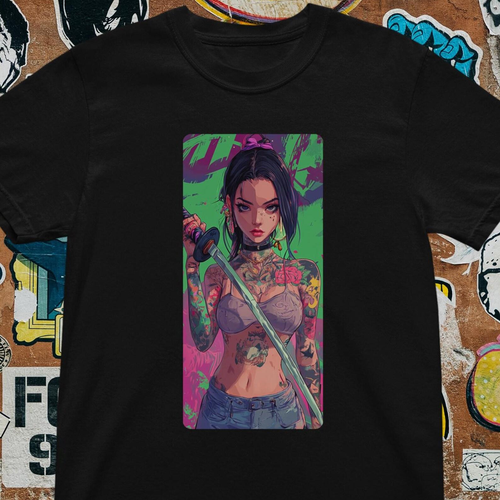 Cyberpunk Tattoo Girl T-Shirt - Anime Streetwear Graphic Tee Edgy Vaporwave L