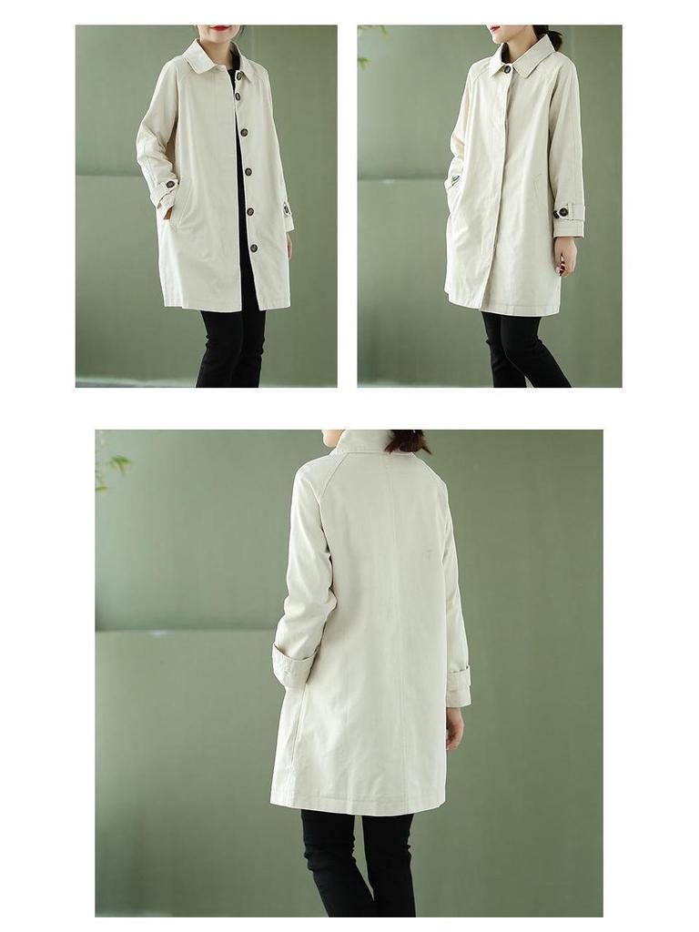 Women's Plus-Size Washed Cotton Trench Coat, Mid-Length, Loose Fit, Korean Style, for Spring and Autumn.