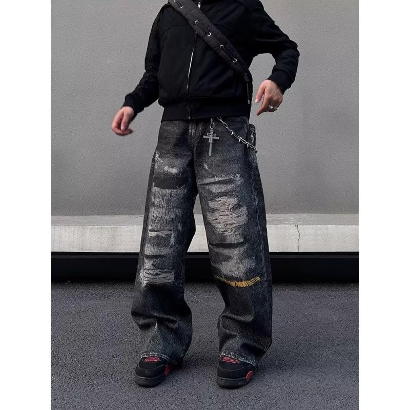 JYL Unisex Straight Jeans American Mud Dyed Ripped Vintage Denim S