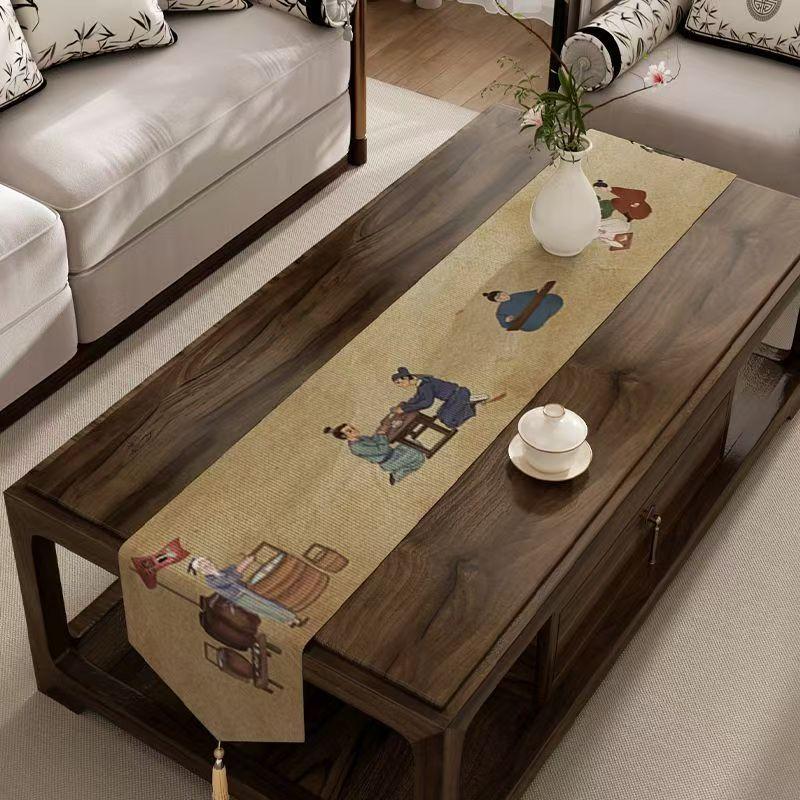 Chinese Style Table Flag Waterproof Oil Resistant Tassel Table Runner Tea House Tea Towels Zen Tea Table Cloth Hotel Bed Flag