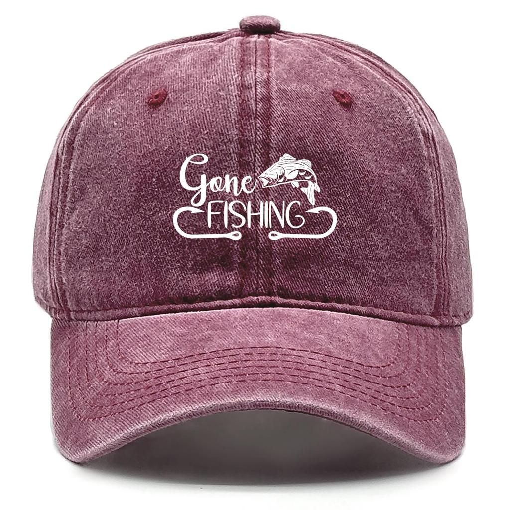 Gone FISHING" Print Snapback Sun Hat, Fishhook Dad Hat Leisure Headwear Distressed Solid Snapback Baseball Cap