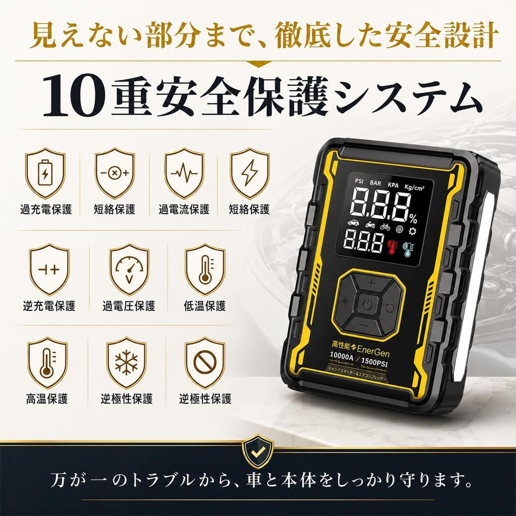 Jump Starter Electric Air Pump for 12V Vehicles in Japan and the Recommended by Certified Mechanics 1000A 10000mAh Engine Starter Air Compressor for