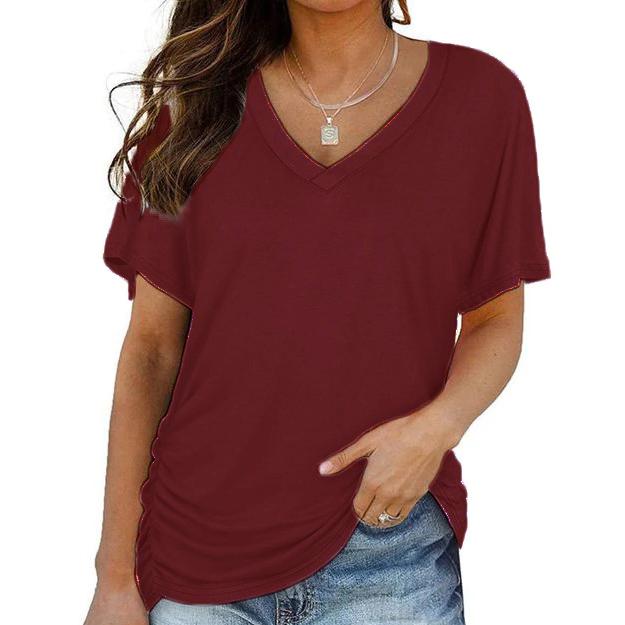 Topuri de vară cu decolteu în V Top lejer Culoare uni Tricou casual cu mânecă scurtă Îmbrăcăminte pentru femei