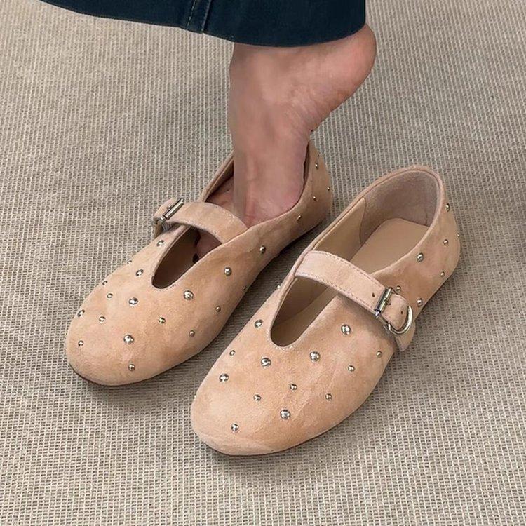 Soft leather version~ frosted leather shallow mouth small single shoes women's retro rivet round head Mary Jane shoes flat comfortable grandma shoes
