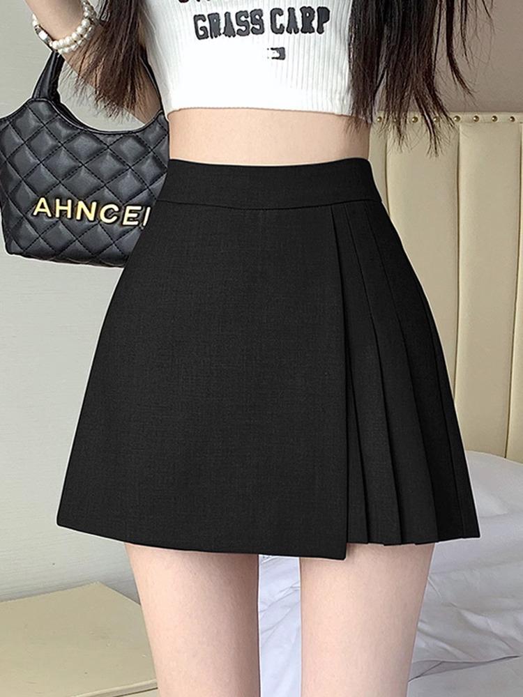 Spring 2025 Women's High-Waisted A-Line Culottes Skirt - Irregular Hem, Faux Two-Piece Midi Shorts Skirt