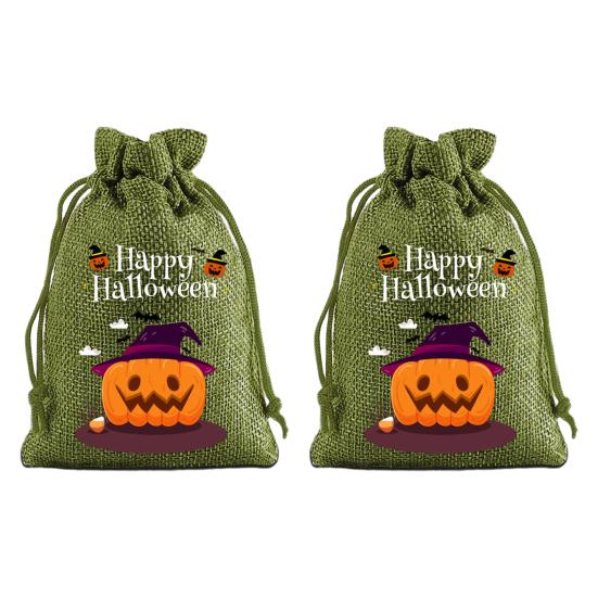 Handmade Style Party Bags 2Pcs Halloween Pumpkin Drawstring for Candy Treats, Retro Burlap Festival Totes Trick or Treat Bags, Portable Goodie