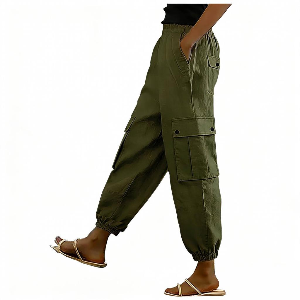 Women Drawstring Waist Cargo Pants with Elastic Cuffs and Large Side Pockets for Casual Outdoor Daily Wear