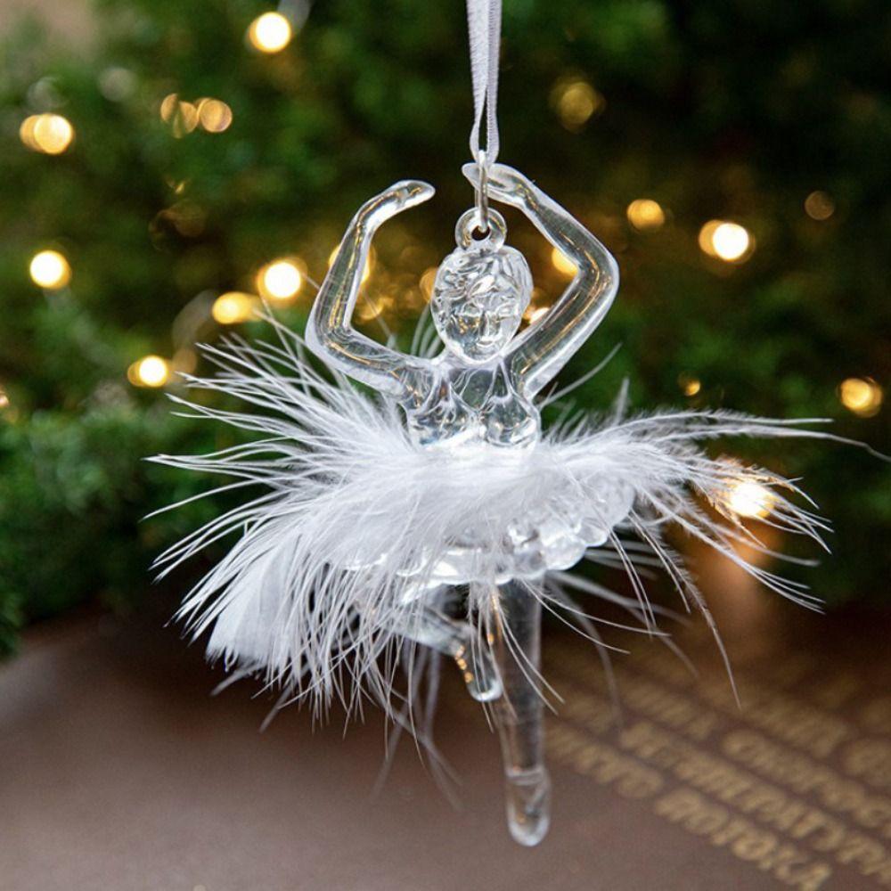 2pcs Acrylic Crystal Christmas Tree Pendant Angel/Dancing Girl Stereoscopic Xmas Tree Hanging Ornaments with Sequins Clear