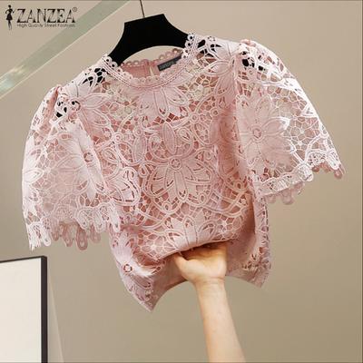 Women Hollow Out Lace Crochet Casual Round Neck Short Sleeve Blouse