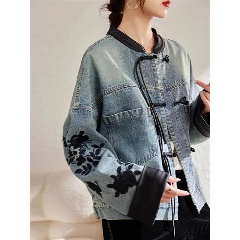 Veste en jean pour femme Printemps Automne Brodé Style Chinois Mode Polyvalente Vêtements en jean Haut de gamme pour femme