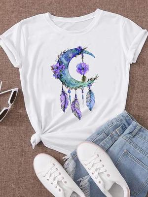 (Asian Size) Women Tee Top Clothing Moon Flower Trend 90s Style Casual Short Sleeve T Shirt Fashion Print Lady Female Graphic T-shirts