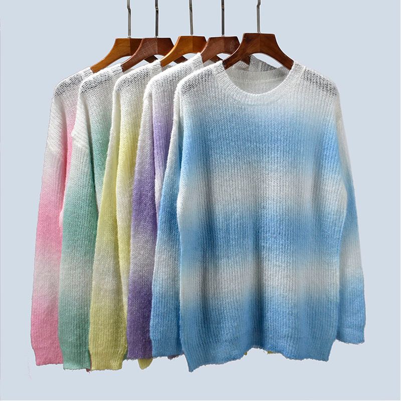Autumn New Arrival Gradient Dyed round Neck Loose Long Sleeves Idle Style Knitting Sweater Mohair Lightweight Pullover Multicolor Women's Clothing