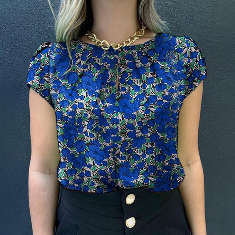 

ZANZEA Женская повседневная летняя блузка с круглым вырезом и коротким рукавом с цветочным принтом 2XL синий