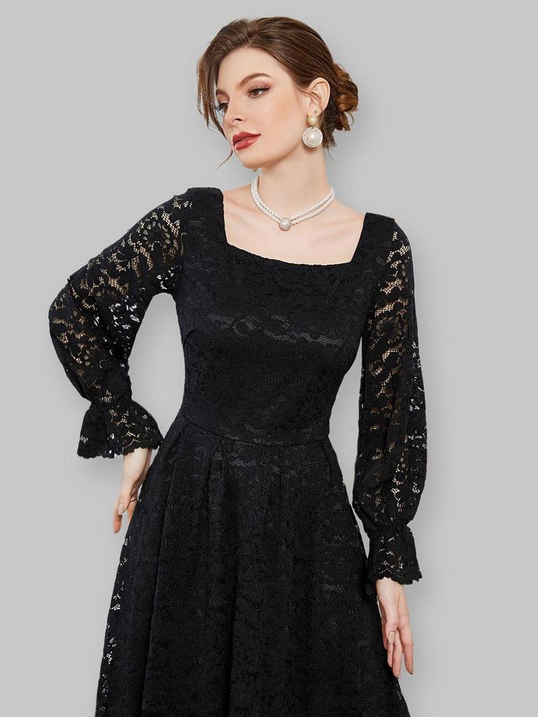 Women's Lace Trim Black Dress - European & American Style, Waist-Hugging, Long-Sleeved, Mid-Length