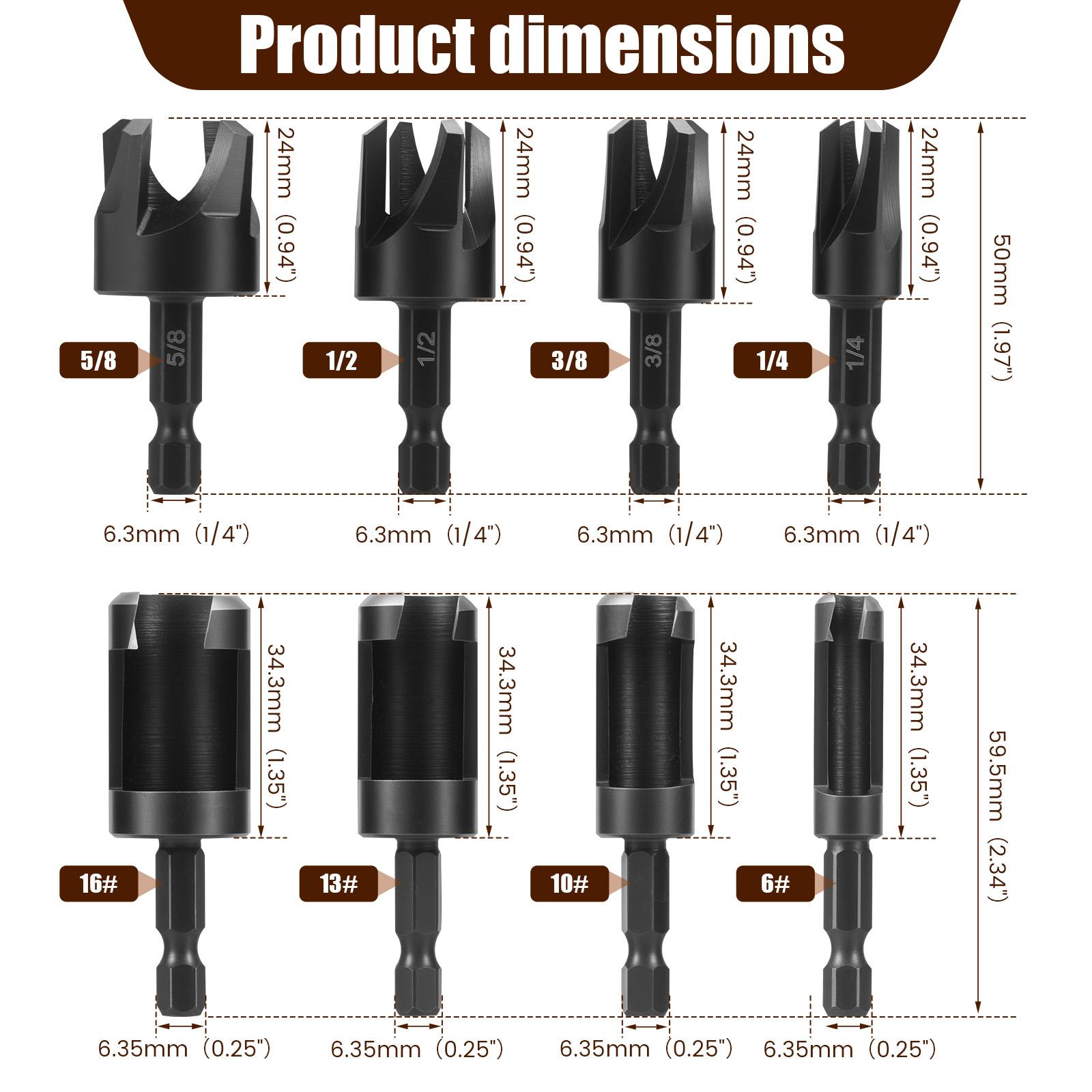 

8PCS Wood Plug Cutter Drill Bit Set Carbon Steel Straight and Tapered Taper Cutting Tool 1/4 Inch Hex Shank Woodworking Tool