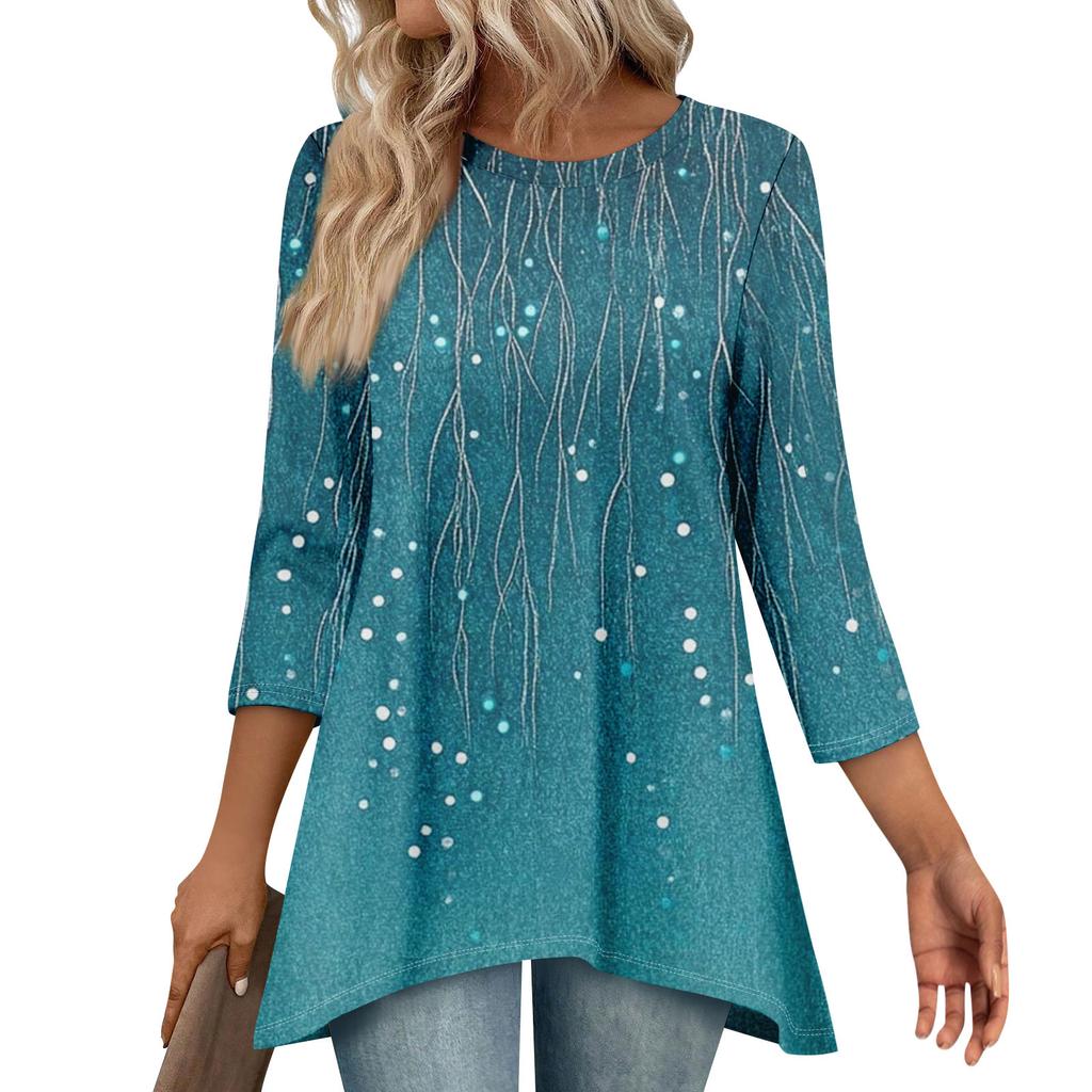 Tunic Tops For Women Loose Fit Prints Tops 3/4 Length Sleeve Womens Tops With Asymmetrical Hem