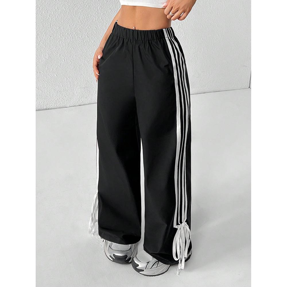 All-match Sports Casual Pants for Women In Summer New High-waist Loose Contrasting Color Striped Wide-leg Trousers