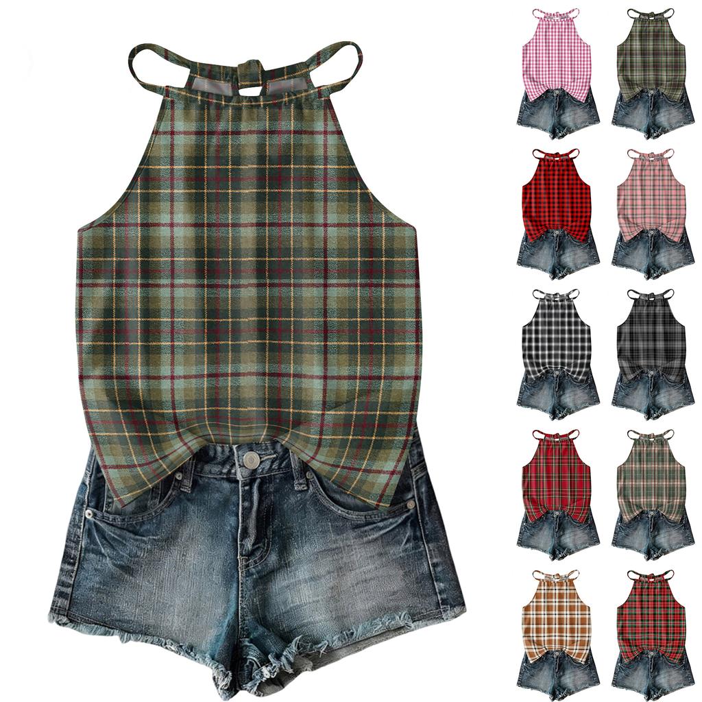 Damen ärmelloses kariertes Tanktop im Bohemian-Stil, leichte lässige Sommerbluse mit verstellbaren Trägern und lockerer Passform