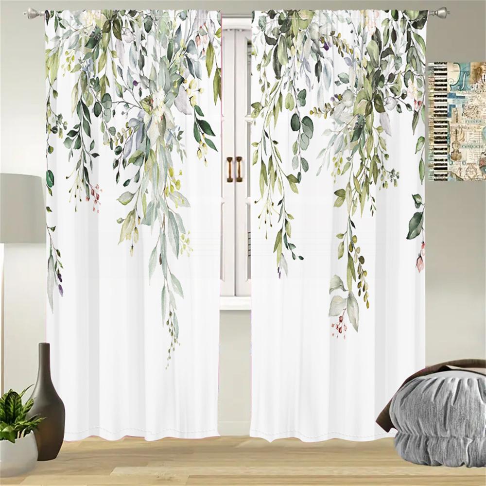 2 Stück Frische Grüne Blätter Vorhänge Aquarell Pflanzenmuster Wohnzimmer Schlafzimmer Fensterdeko Vorhänge Natürlicher Waldstil Vorhänge