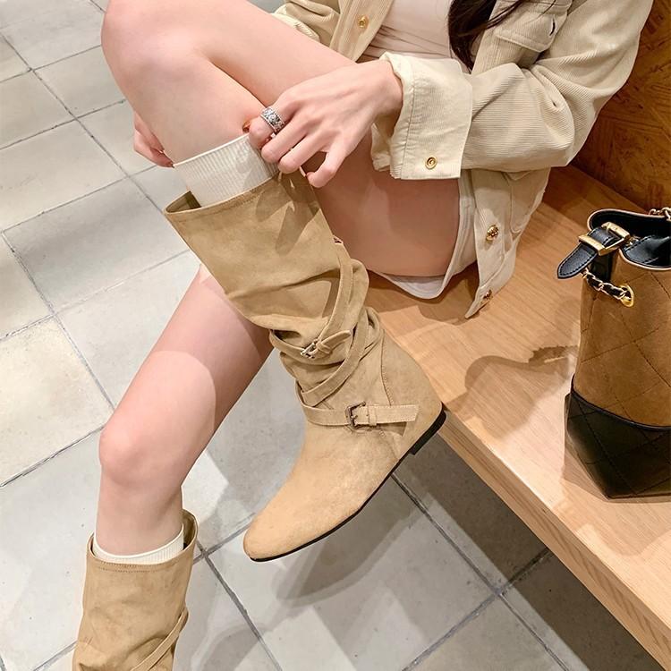 [Spot version] Norwegian stacking boots~ 5cm inner height increase cross buckle medium and high cowboy boots women's western boots