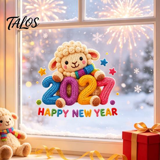Removable Holiday Stickers Chinese New Year Window Stickers, 2027 Goat Static Clings, Reusable Easy Apply Film Crochet Knit Lamb Decor for Home