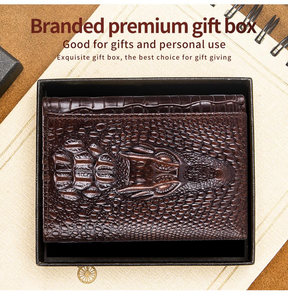 LAOSHIZI Vintage Men's Genuine Leather Crocodile-Embossed Wallet RFID Blocking Multi-Card Slots Photo Insert