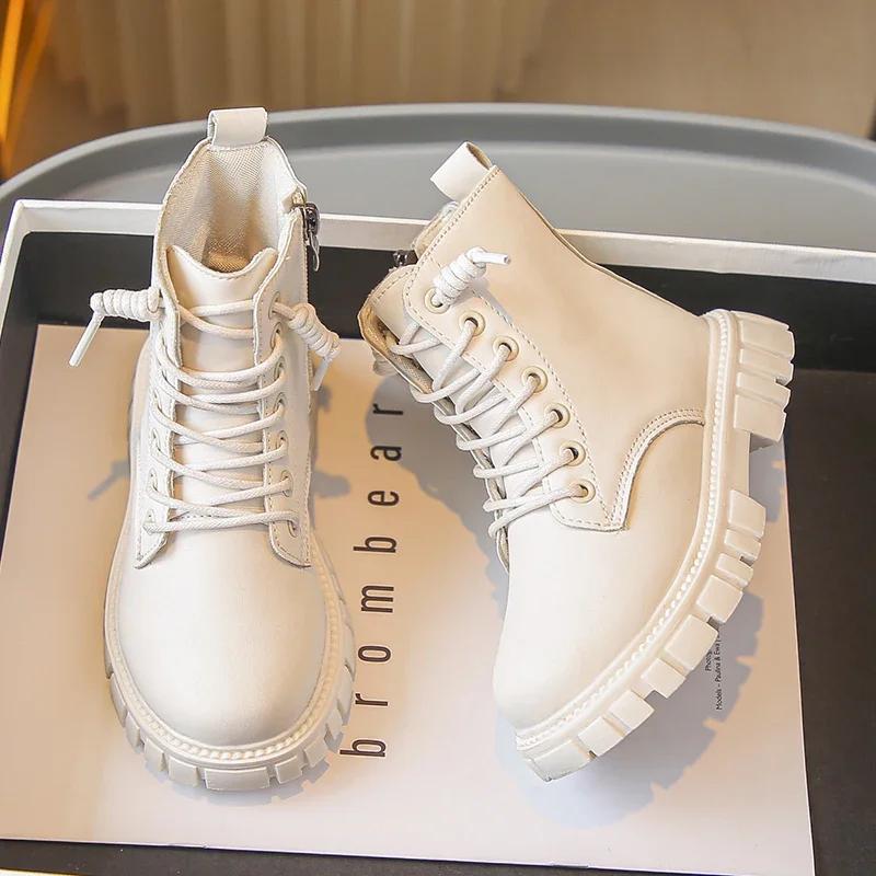 Spring Autumn Girls Ankle Boots Fashion School Kids Leather Boots Thick Bottom Non-slip Children's Platform Causal Boots Black
