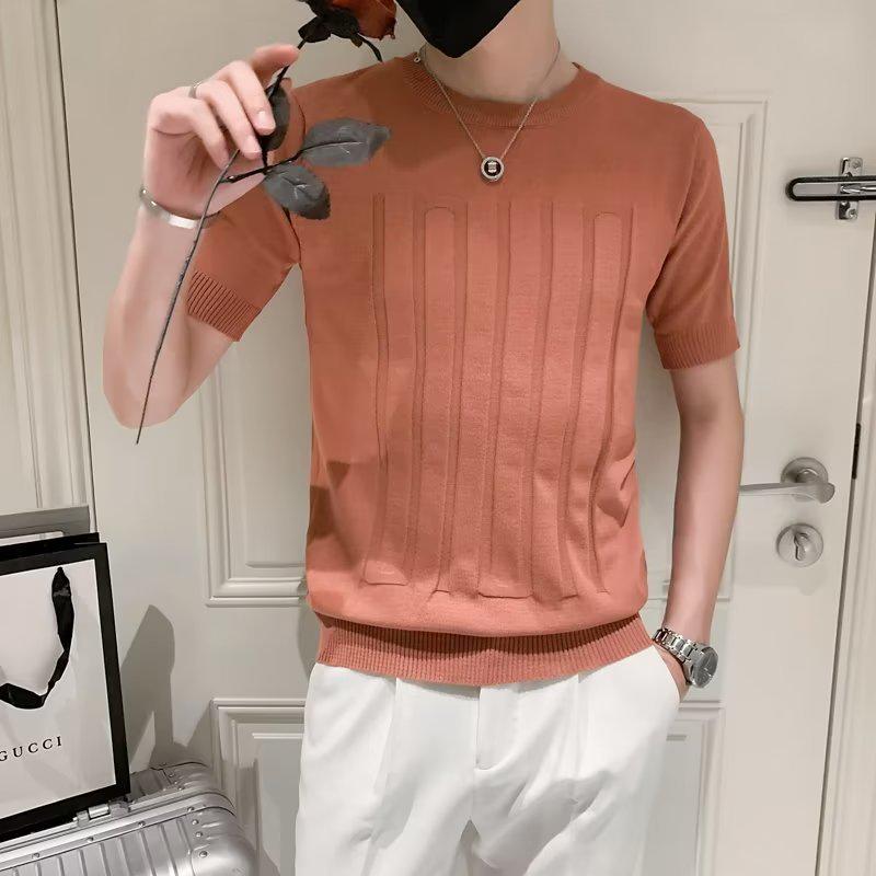 Herren Trendiges Gestreiftes Eis-Seide Slim Fit T-Shirt - Atmungsaktiv, Kurze Halbarme